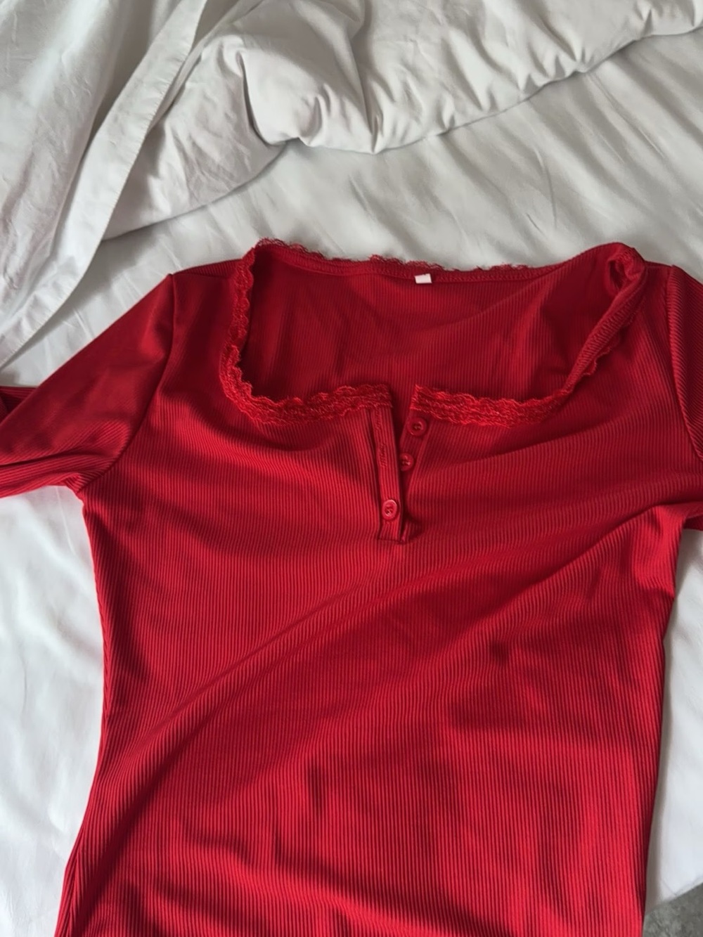 Red Lace-Trim Ribbed Henley Sleep Top for Women